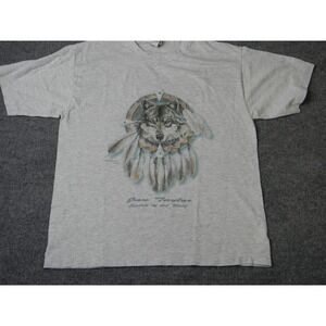 CAL CRU Vintage 90s Wolf T Shirt Large Gray Spirit of Wolf Feather Graphic Art